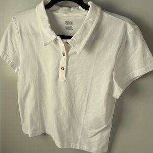 NWT Victoria’s Secret PINK White Cropped Short Sleeve Polo Shirt large cotton